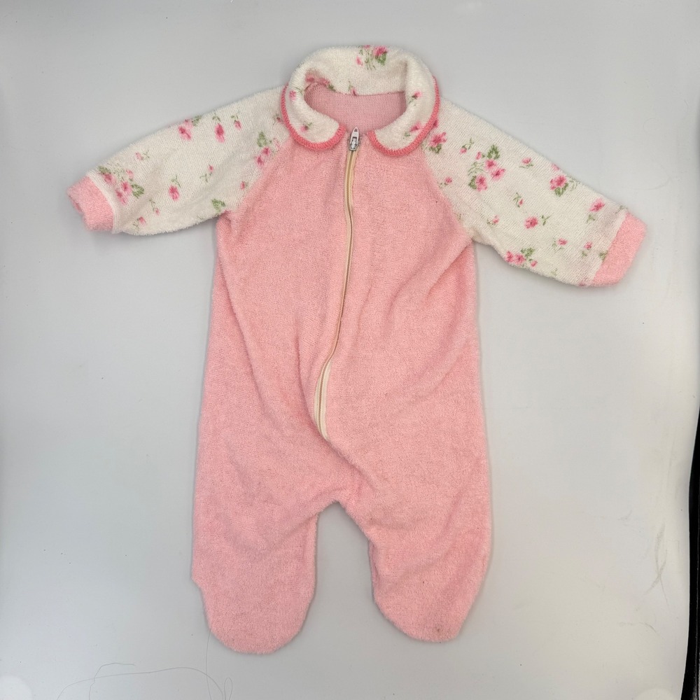 Vtg Pink Floral Footed Baby Onesie – Zipper Front, Plush, Size 0-3M (Unbranded)